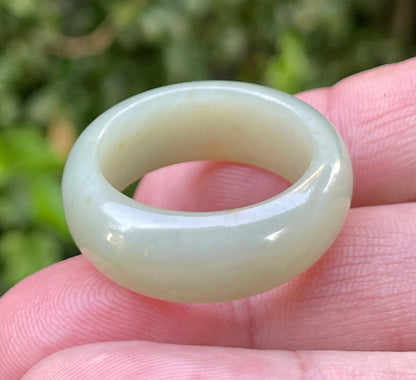 Solid icy apple green and honey natural Type A Burmese jade ring band in size US 12