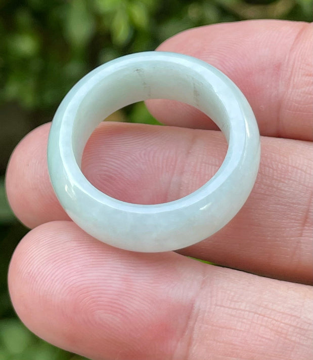 Solid icy apple green and milky white natural Type A Burmese jade ring band in size US 11.5