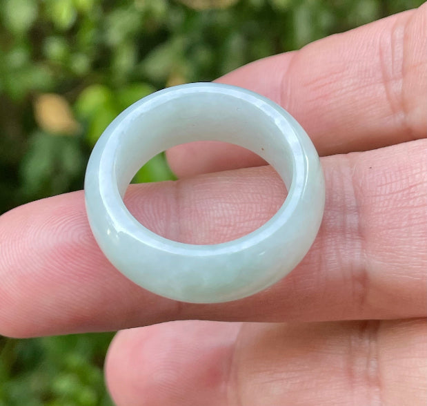 Solid icy apple green and milky white natural Type A Burmese jade ring band in size US 11.5