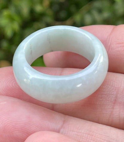 Solid icy apple green and milky white natural Type A Burmese jade ring band in size US 11.5
