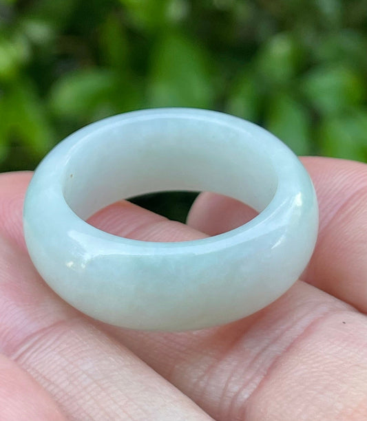 Solid icy apple green and milky white natural Type A Burmese jade ring band in size US 11.5