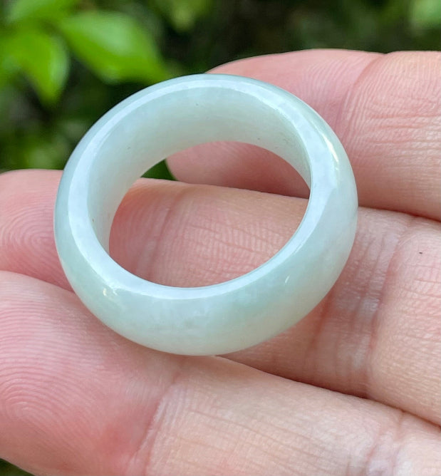 Solid icy apple green and milky white natural Type A Burmese jade ring band in size US 11.5