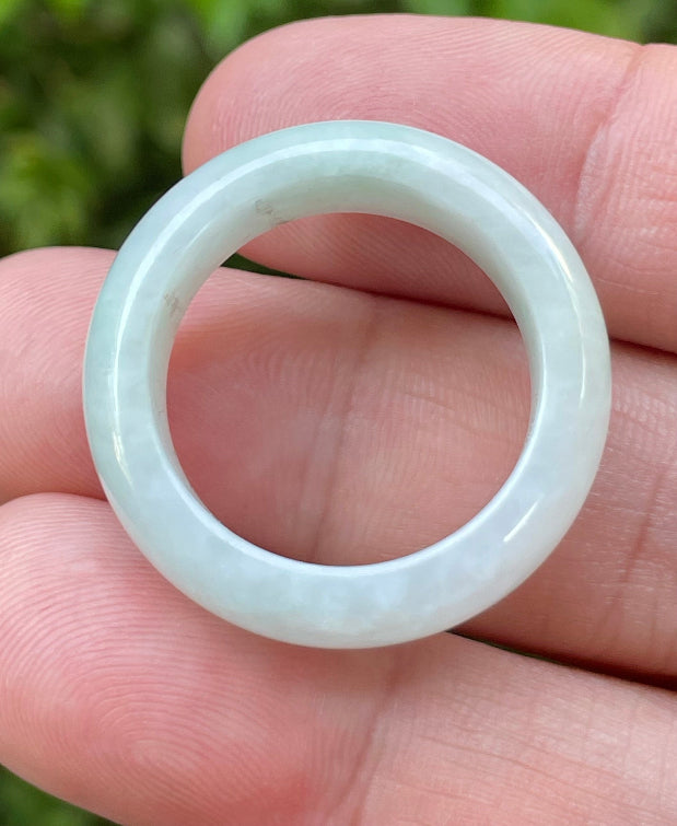 Solid icy apple green and milky white natural Type A Burmese jade ring band in size US 11.5