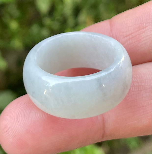 Solid icy greyish milky white natural Type A Burmese jade ring band in size US 12