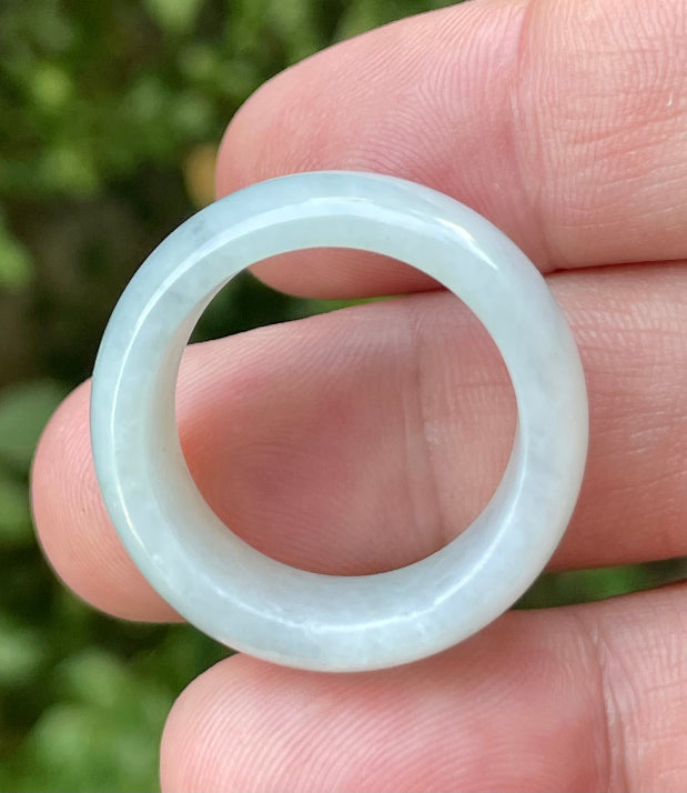 Solid icy greyish milky white natural Type A Burmese jade ring band in size US 12