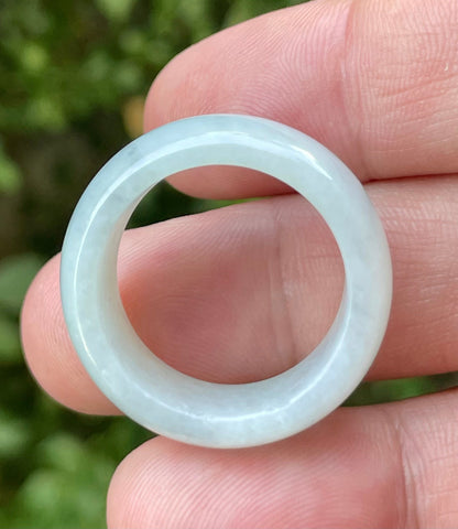 Solid icy greyish milky white natural Type A Burmese jade ring band in size US 12