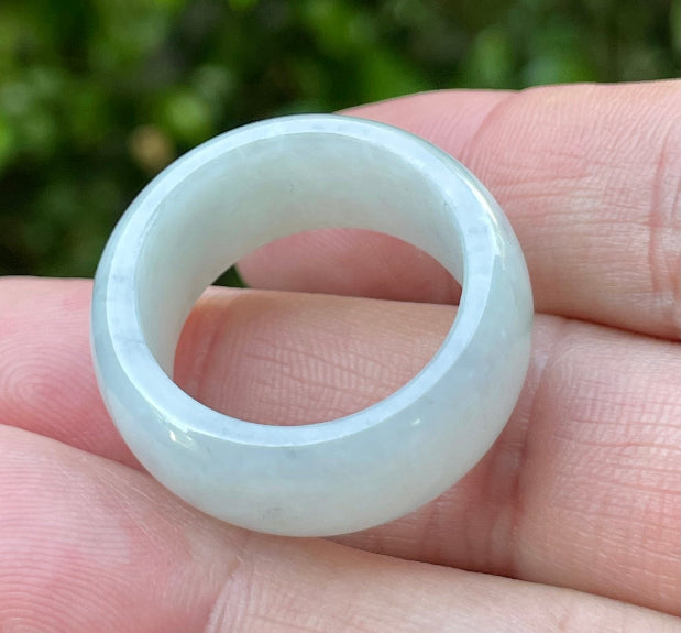 Solid icy greyish milky white natural Type A Burmese jade ring band in size US 12