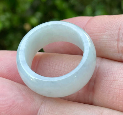 Solid icy greyish milky white natural Type A Burmese jade ring band in size US 12