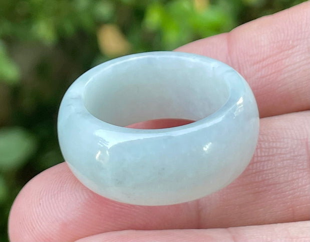Solid icy greyish milky white natural Type A Burmese jade ring band in size US 12
