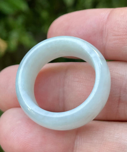 Solid icy greyish milky white natural Type A Burmese jade ring band in size US 12