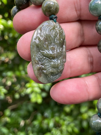 Hand-Carved Deep Green Jade Dragon Head Motif with Beaded Necklace
