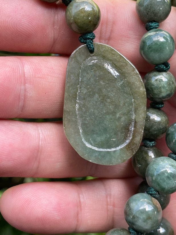 Hand-Carved Deep Green Jade Dragon Head Motif with Beaded Necklace