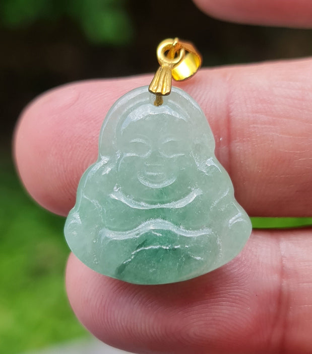 Close-up of a vintage natural Grade A Burmese jadeite pendant in icy imperial green carved as a Happy Buddha, item JHB001