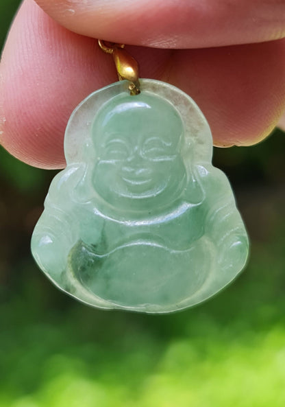 Close-up of a natural Grade A Burmese jadeite pendant in icy imperial green carved as a Happy Buddha, item JHB007