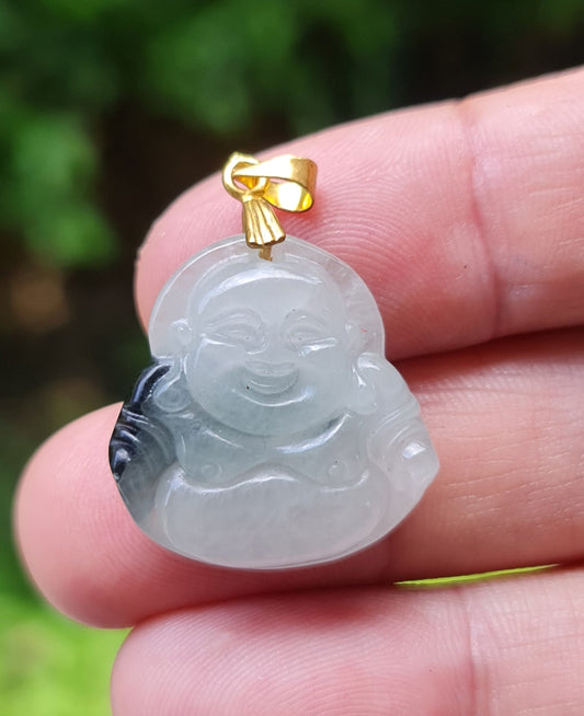 Close-up of a natural Grade A Burmese jadeite pendant in icy milky white with black hues carved as a Happy Buddha, item JHB004