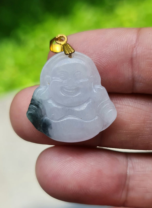 Close-up of a natural Grade A Burmese jadeite pendant in icy milky white and emerald green carved as a Happy Buddha, item JHB006