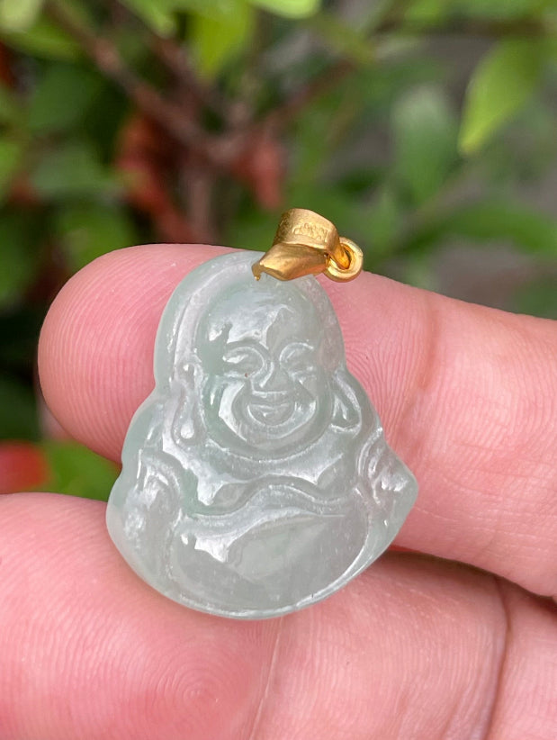Handcrafted genuine Grade A Burmese jadeite amulet with icy imperial green colors representing prosperity and contentment