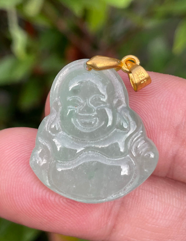 Handcrafted genuine Grade A Burmese jadeite amulet with icy imperial green colors representing prosperity and contentment