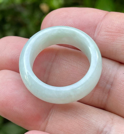 Hand-carved genuine Grade A Burmese jadeite round ring blending icy apple green and luminous milky white