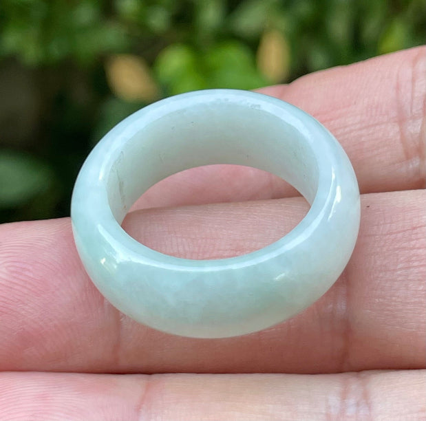 Hand-carved genuine Grade A Burmese jadeite round ring blending icy apple green and luminous milky white