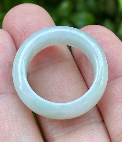 Hand-carved genuine Grade A Burmese jadeite round ring blending icy apple green and luminous milky white