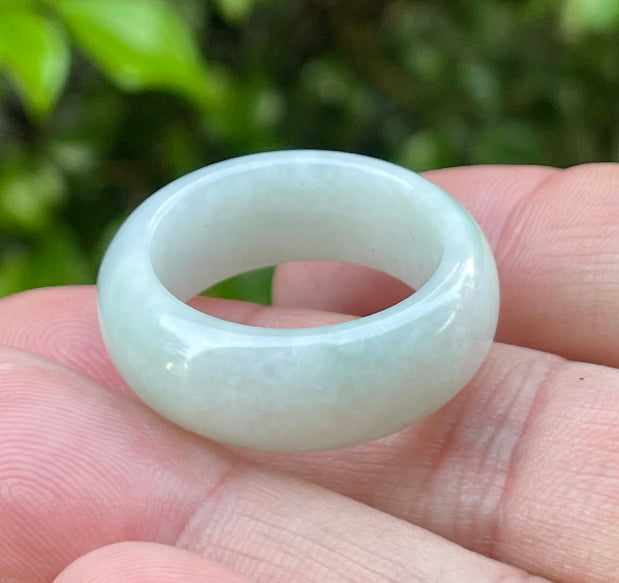 Hand-carved genuine Grade A Burmese jadeite round ring blending icy apple green and luminous milky white