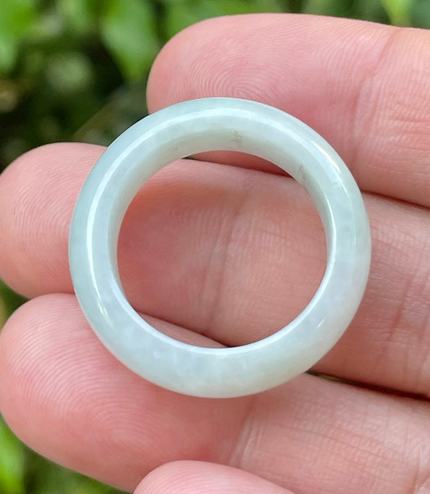 Hand-carved genuine Grade A Burmese jadeite round ring blending icy apple green and luminous milky white