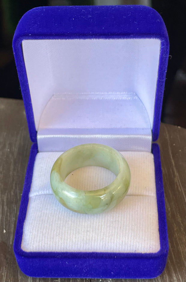 Close-up of a double bangle-style natural Grade A Burmese jadeite ring featuring icy imperial and apple green hues, item JRR042