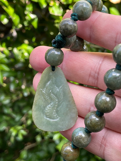 Hand-Carved Green Jade Dragon Motif with Beaded Necklace