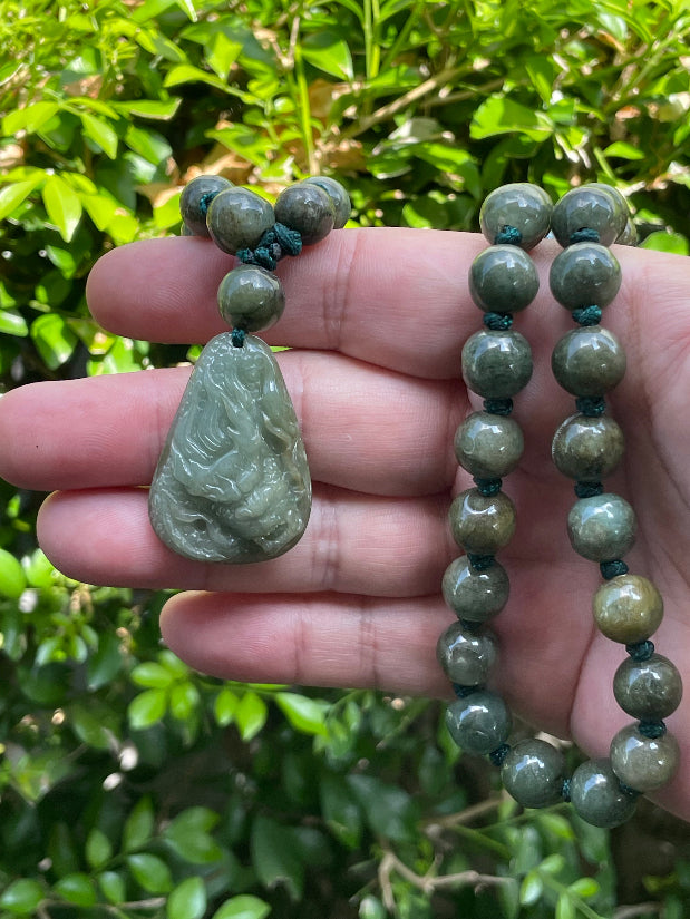 Hand-Carved Green Jade Dragon Motif with Beaded Necklace