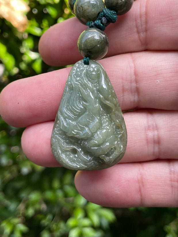 Hand-Carved Green Jade Dragon Motif with Beaded Necklace