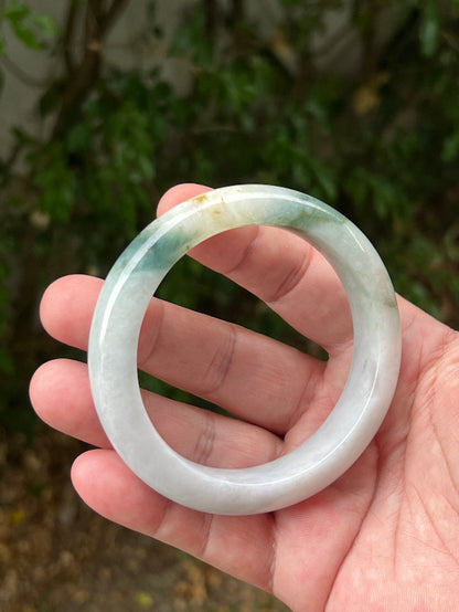 Flat inner profile of 62mm icy white and honey Burmese jade bangle JB1290