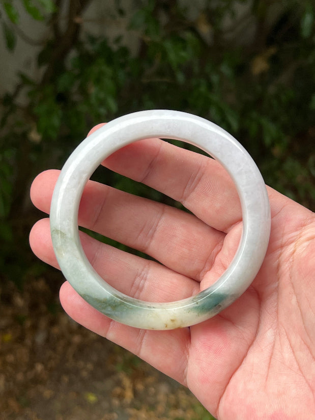 Flat inner profile of 62mm icy white and honey Burmese jade bangle JB1290