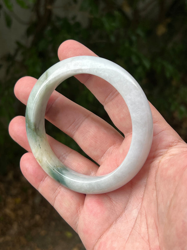 Flat inner profile of 62mm icy white and honey Burmese jade bangle JB1290