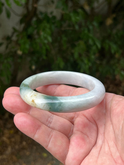 Flat inner profile of 62mm icy white and honey Burmese jade bangle JB1290