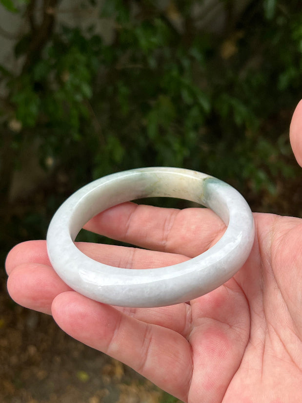 Flat inner profile of 62mm icy white and honey Burmese jade bangle JB1290
