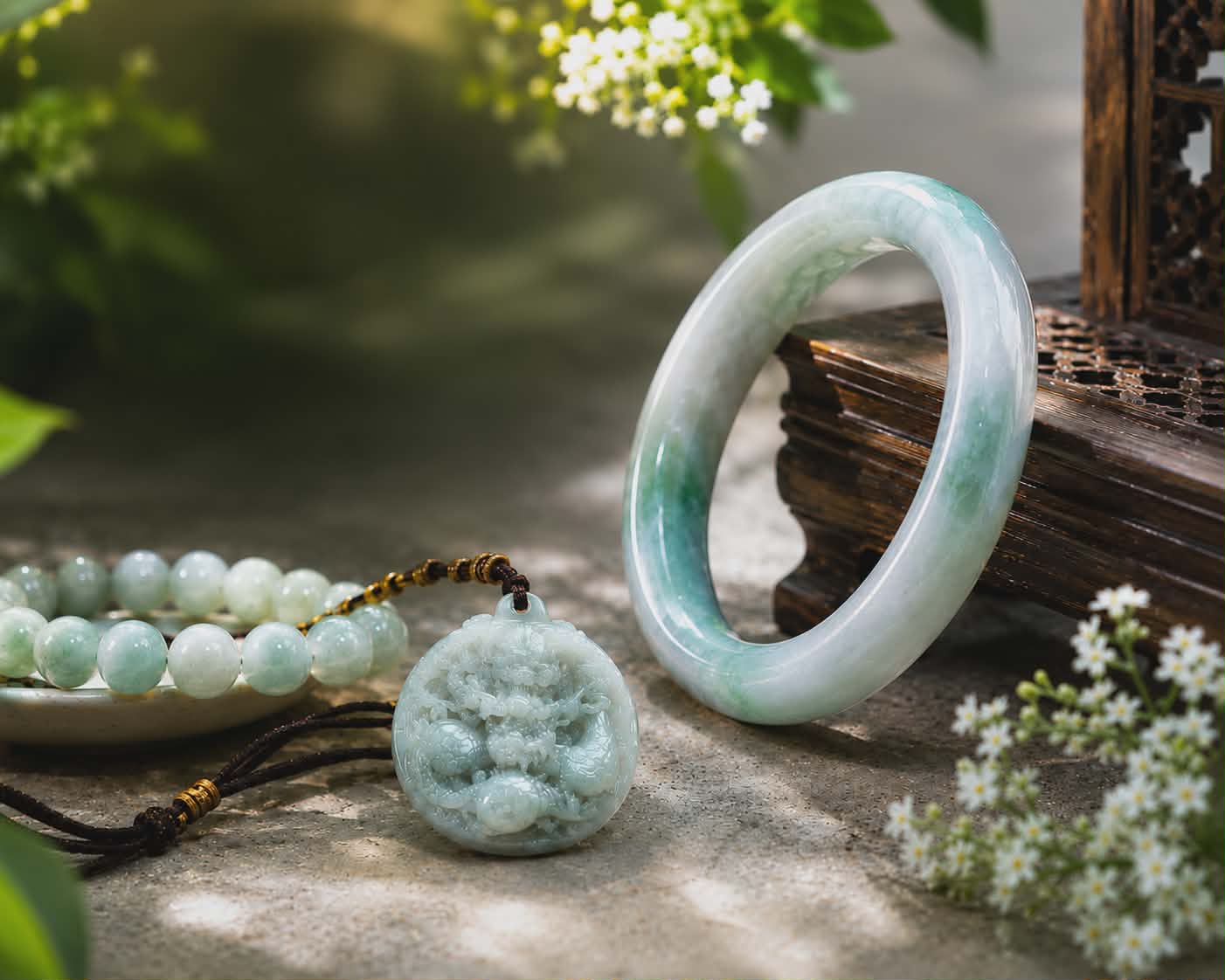 Authentic green jadeite bangle and carved pendant on a natural stone surface