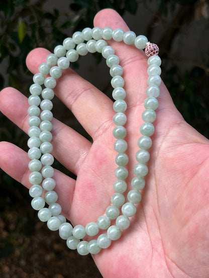 Soft glassy luster and fine crystalline texture of the 7.5mm authentic Myanmar jadeite bead necklace JN081