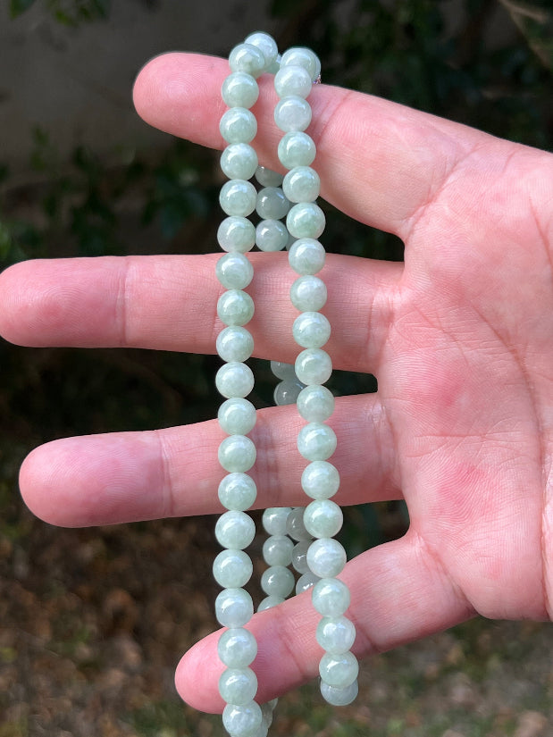 Soft glassy luster and fine crystalline texture of the 7.5mm authentic Myanmar jadeite bead necklace JN081