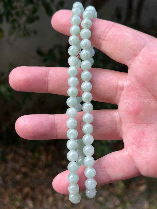 Soft glassy luster and fine crystalline texture of the 7.5mm authentic Myanmar jadeite bead necklace JN081