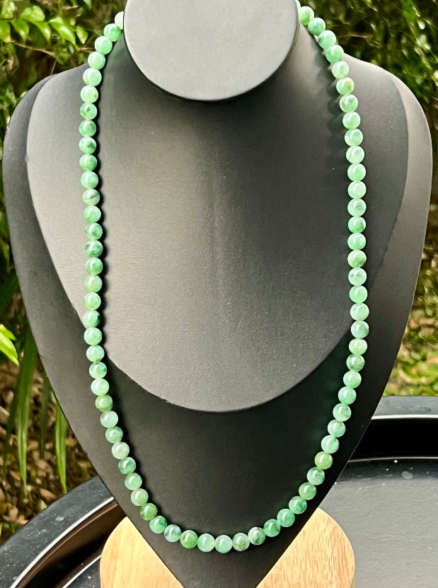 Soft glassy luster and fine crystalline texture of the 7.5mm authentic Myanmar jadeite bead necklace JN004