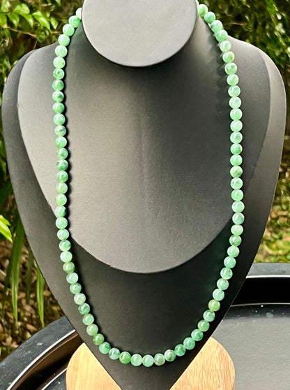 Soft glassy luster and fine crystalline texture of the 7.5mm authentic Myanmar jadeite bead necklace JN004