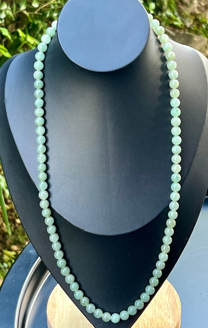 Soft glassy luster and fine crystalline texture of the 7.5mm authentic Myanmar jadeite bead necklace JN022