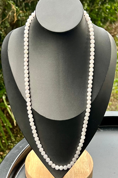 Soft glassy luster and fine crystalline texture of the 6.2mm authentic Myanmar jadeite bead necklace JN015