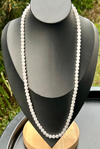 Soft glassy luster and fine crystalline texture of the 6.2mm authentic Myanmar jadeite bead necklace JN015