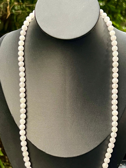 Soft glassy luster and fine crystalline texture of the 6.2mm authentic Myanmar jadeite bead necklace JN017