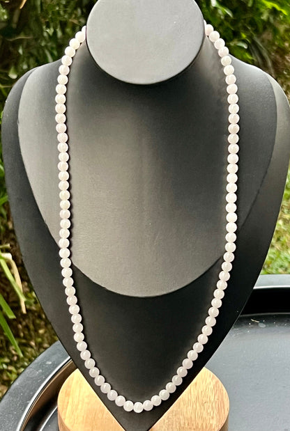 Soft glassy luster and fine crystalline texture of the 6.2mm authentic Myanmar jadeite bead necklace JN017