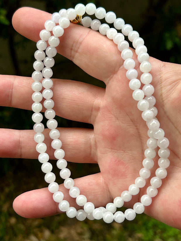 Soft glassy luster and fine crystalline texture of the 6.2mm authentic Myanmar jadeite bead necklace JN017