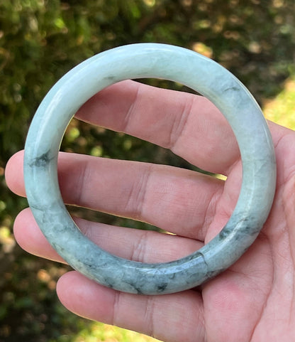 Princess round profile of 64.9mm icy celadon green Burmese jade bangle JB1272