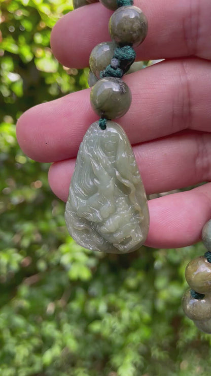 Natural Certified Burmese Jadeite Jade Pendant – Green – Hand-Carved Dragon Motif – Beaded Necklace Included – JP071